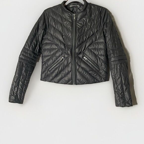 Athleta Geneva Goose Down Puffer Jacket Coat Size XS Gray/Silver Moto Cropped - Picture 1 of 7